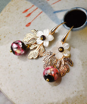 Elegant White Shell Flower Red Coloured Glaze Metal Drop Earrings