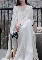 Elegant White Slash Neck Wrinkled Cotton Maxi Dress Sleeveless