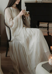 Elegant White Solid Wrinkled Silk Cotton Long Dress Flare Sleeve