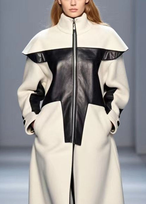 Elegant White Stand Collar Patchwork Woolen Trench Fall