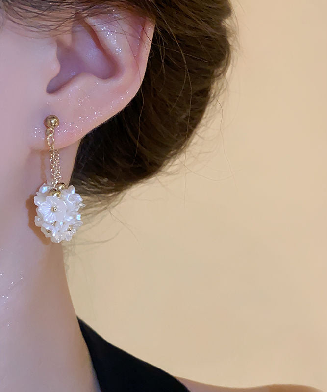 Elegant White Sterling Silver Alloy Floral Tassel Hoop Earrings