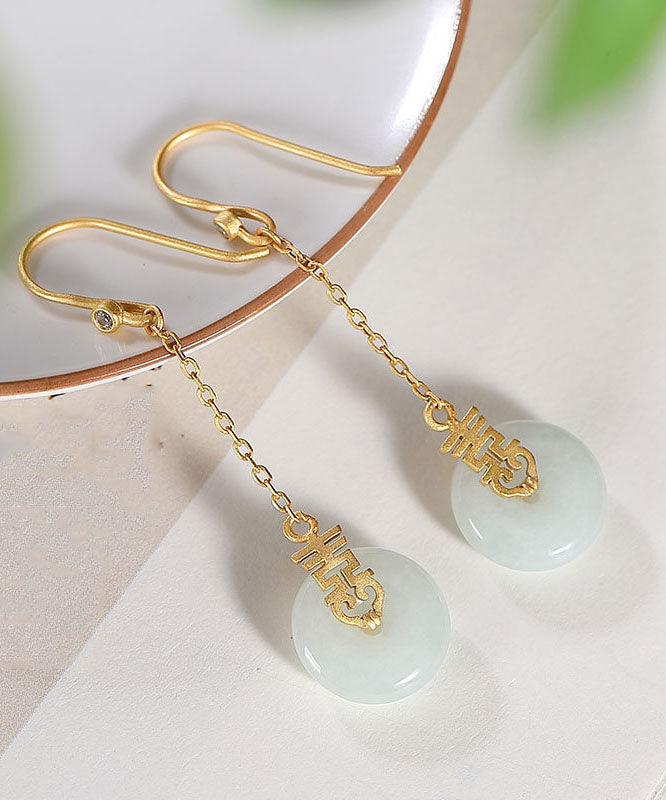 Elegant White Sterling Silver Ancient Gold Jade Zircon Ping Buckle Drop Earrings