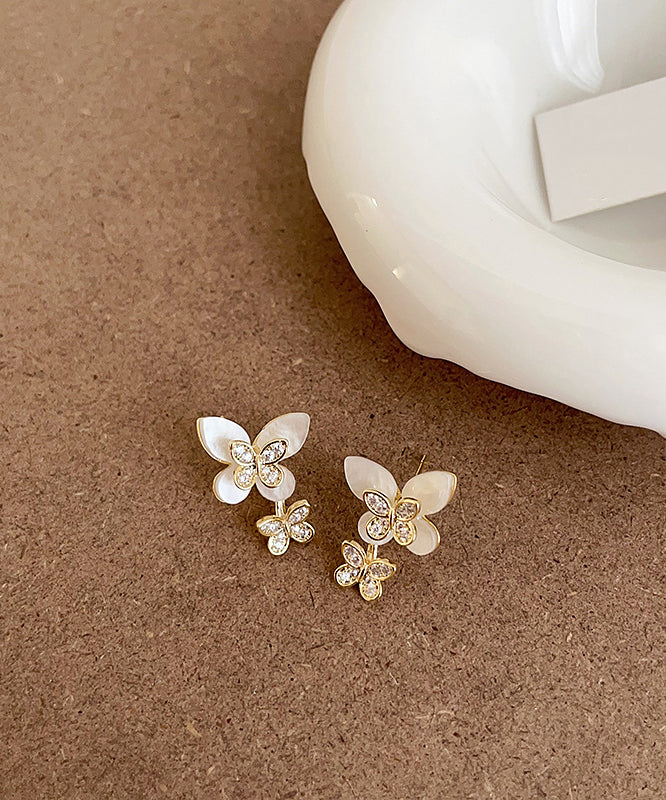 Elegant White Sterling Silver Overgild Zircon Floral Butterfly Stud Earrings