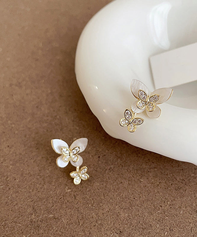 Elegant White Sterling Silver Overgild Zircon Floral Butterfly Stud Earrings