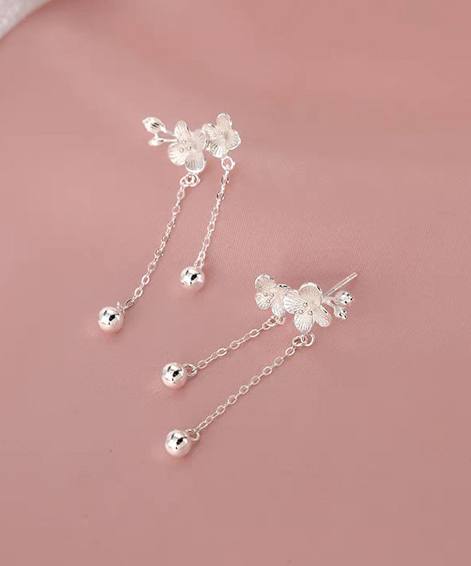 Elegant White Sterling Silver Plum Blossom Tassel Drop Earrings