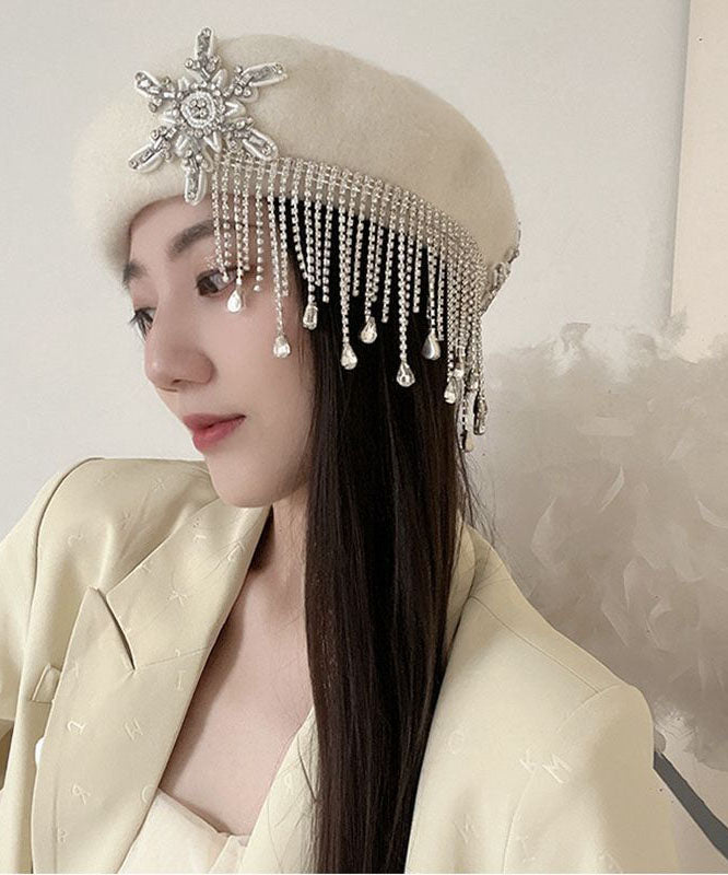 Elegant White Tassel Cashmere Baseball Cap Hat