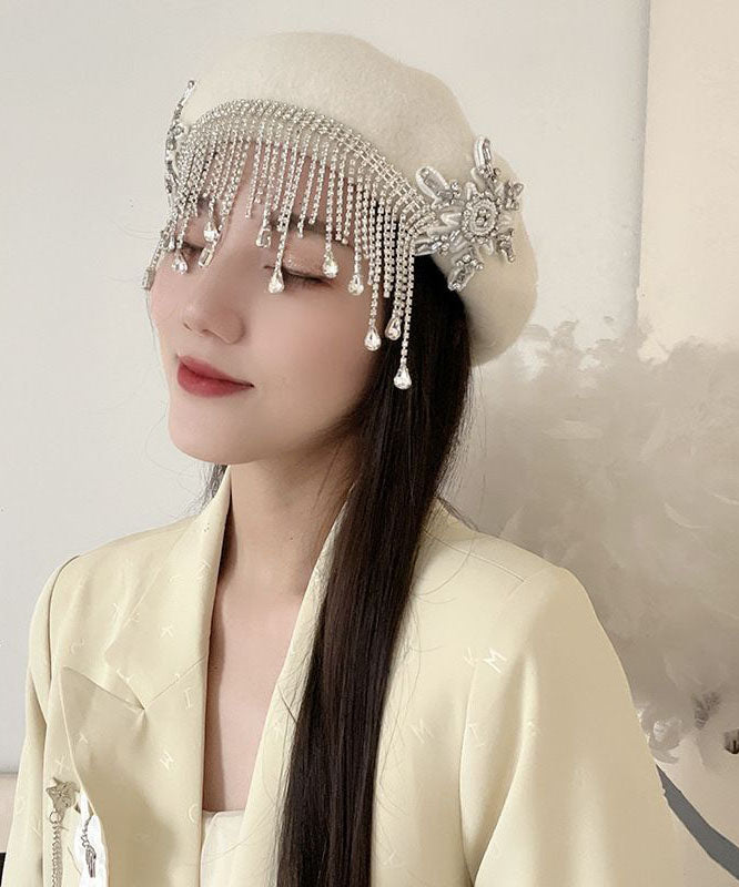 Elegant White Tassel Cashmere Baseball Cap Hat