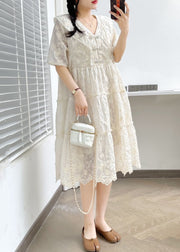 Elegant White V Neck Button Ruffled Cotton Dress Summer