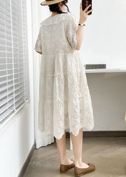 Elegant White V Neck Button Ruffled Cotton Dress Summer