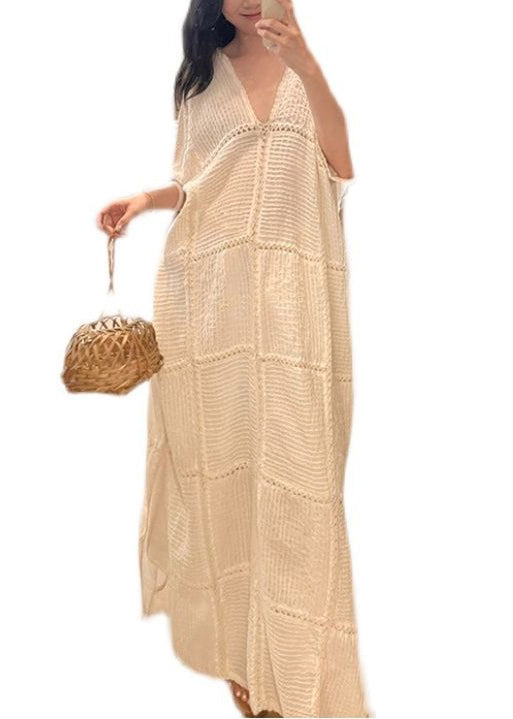 Elegant White V Neck Hollow Out Side Open Knit Dresses Half Sleeve