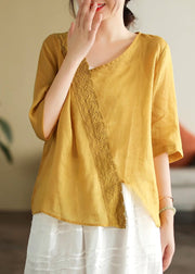 Elegant White V Neck Lace Patchwork T Shirt Short Sleeve