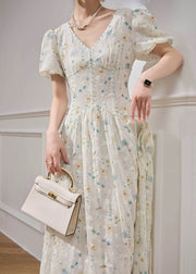 Elegant White V Neck Patchwork Chiffon Long Dress Short Sleeve