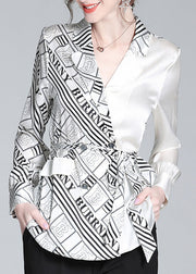 Elegant White V Neck Patchwork Print Tie Waist Silk Shirt Long Sleeve