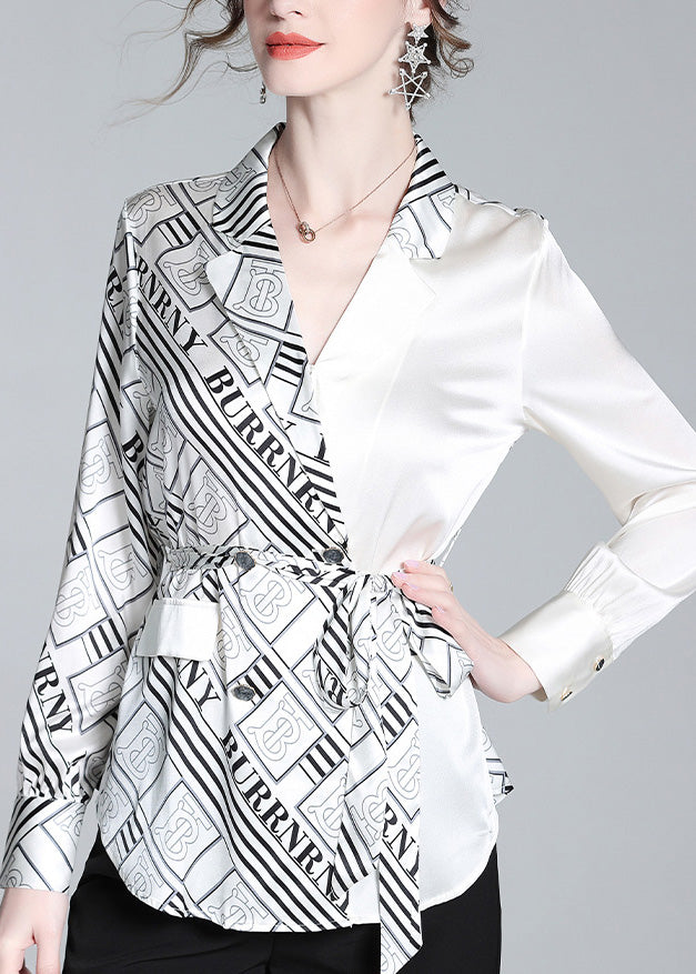 Elegant White V Neck Patchwork Print Tie Waist Silk Shirt Long Sleeve