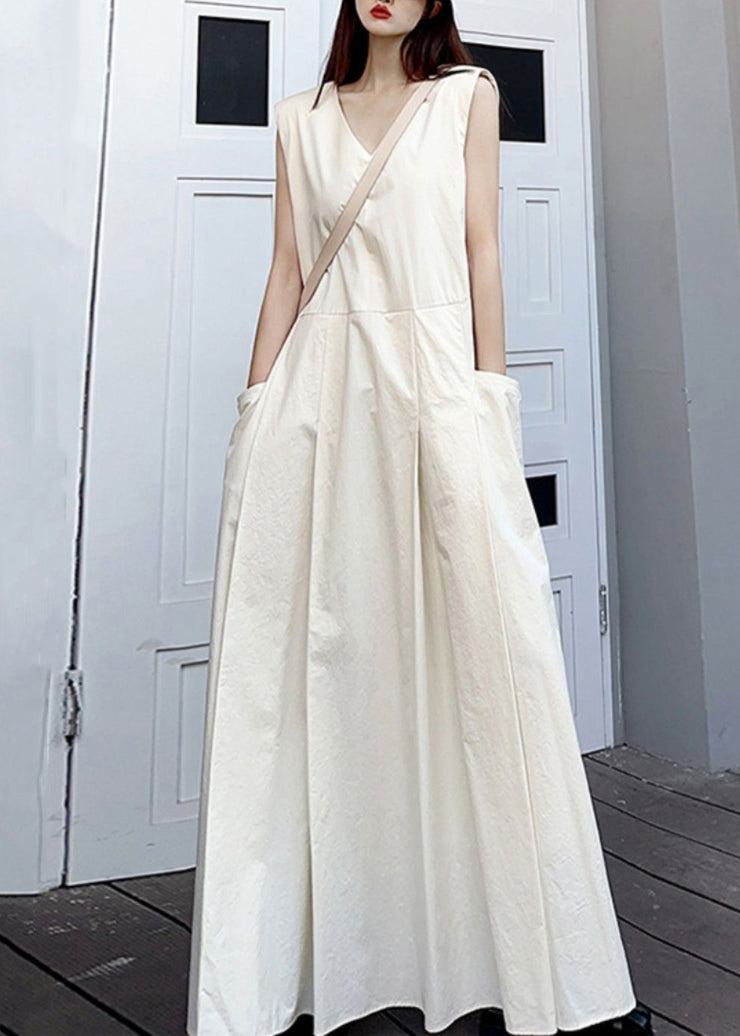 Elegant White V Neck Pockets Patchwork Cotton Maxi Dresses Sleeveless