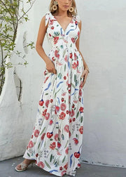 Elegant White V Neck Print Chiffon Long Dresses Sleeveless