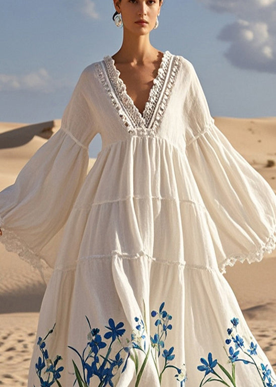 Elegant White V Neck Print Cotton Vacation Dresses Flare Sleeve