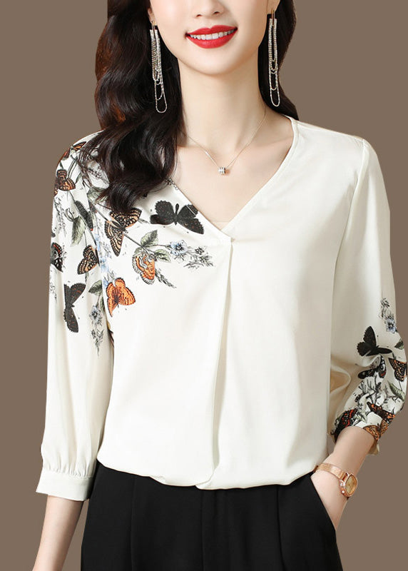 Elegant White V Neck Print Silk Top Long Sleeve