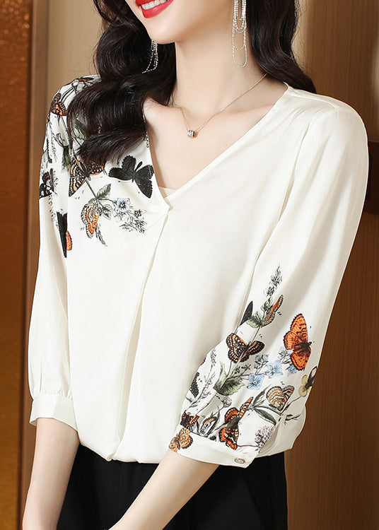 Elegant White V Neck Print Silk Top Long Sleeve