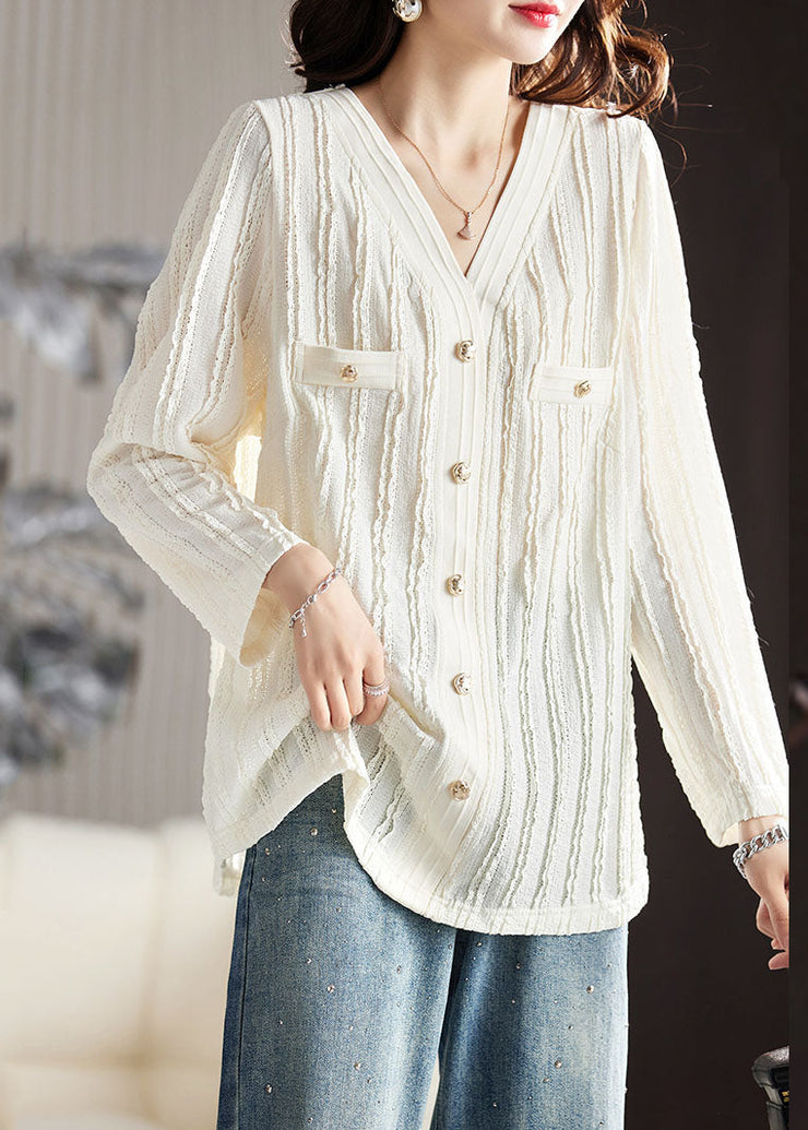 Elegant White V Neck Ruffled Patchwork Lace Top Fall