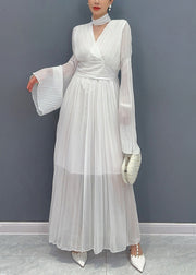 Elegant White V Neck Solid Chiffon Long Dresses Fall