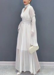 Elegant White V Neck Solid Chiffon Long Dresses Fall