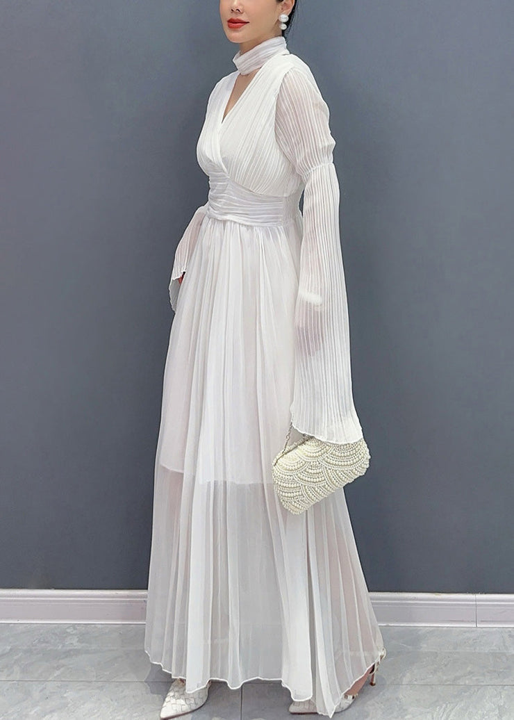 Elegant White V Neck Solid Chiffon Long Dresses Fall