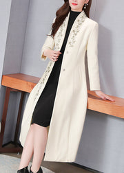 Elegant White V Neck Woolen Long Trench Coats Spring