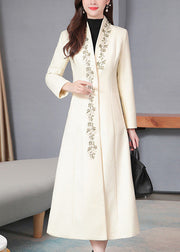 Elegant White V Neck Woolen Long Trench Coats Spring