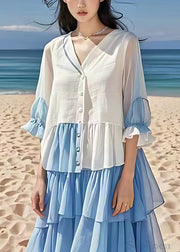 Elegant White Wrinkled Button Chiffon Long Dress Flare Sleeve