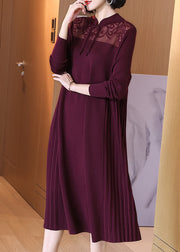 Elegant Wine Red Stand Collar Button Cotton Knit Dresses Spring