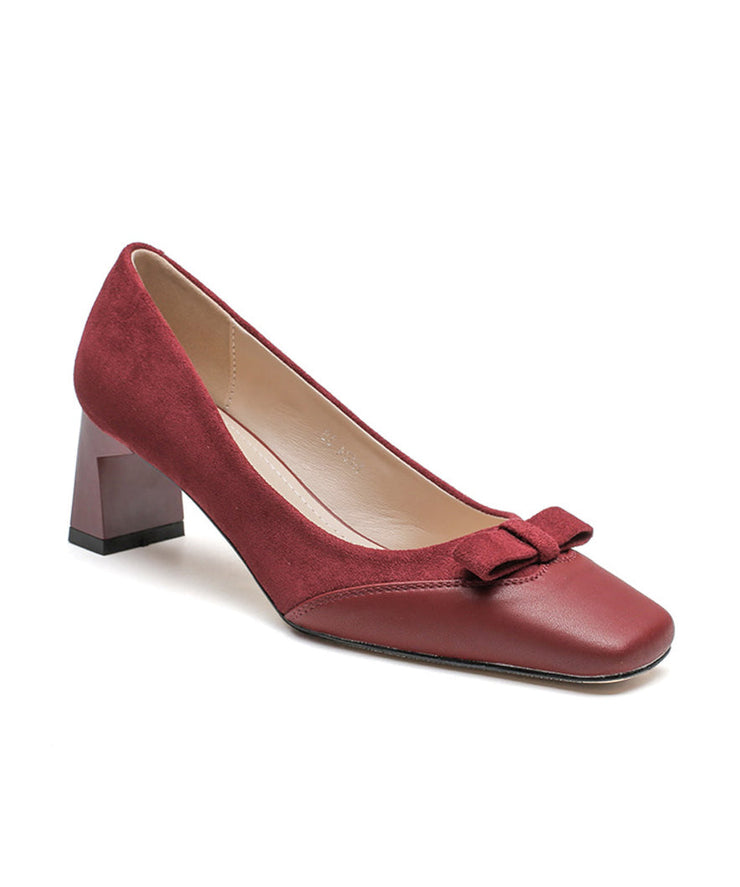 Elegant Wine Red Suede Bow Splicing Chunky Heel