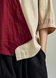 Elegant Wine Red V Neck Asymmetrical Linen Top Batwing Sleeve