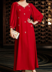 Elegant Wine Red V Neck Patchwork Zircon Chiffon Maxi Dress Long Sleeve