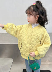 Elegant Yellow Button Print Pockets Cotton Filled Girls Coat Long Sleeve