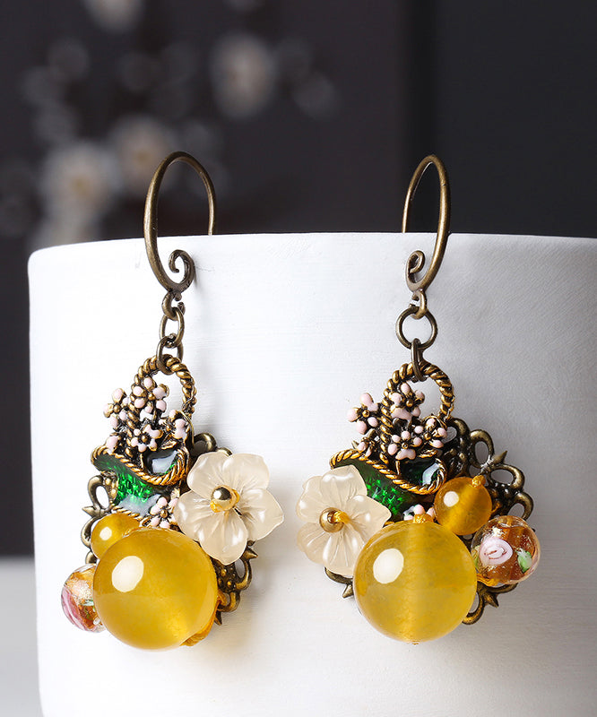 Elegant Yellow Floral Copper Drop Earrings