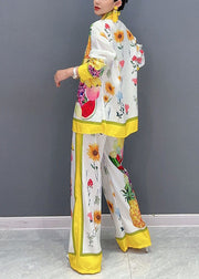 Elegant Yellow Fruit Print Button Shirts And Wide Leg Pants Two Piece Set Fall