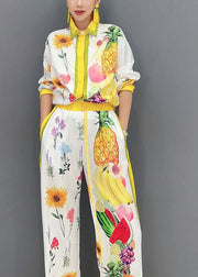 Elegant Yellow Fruit Print Button Shirts And Wide Leg Pants Two Piece Set Fall