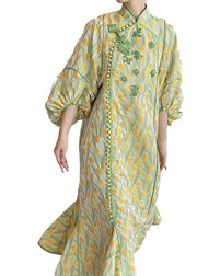 Elegant Yellow Green Embroidered Button Silk Maxi Dresses Fall