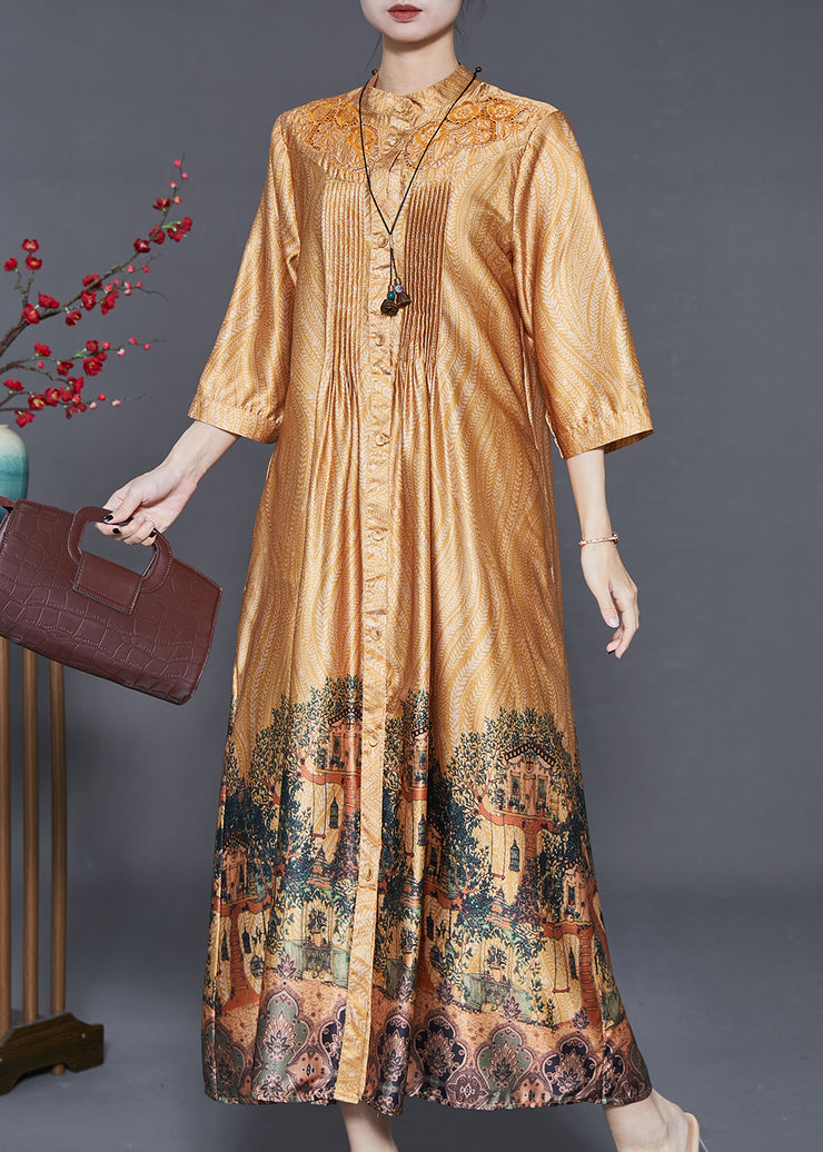 Elegant Yellow Hollow Out Print Wrinkled Silk Shirt Dresses Summer