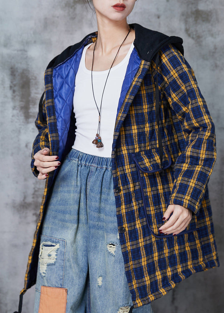 Elegant Yellow Hooded Plaid Fine Cotton Filled Coats Spring