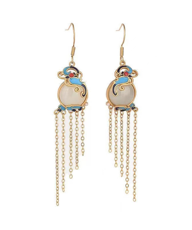 Elegant Yellow Jade Cloisonne Gem Stone Butterfly Tassel Drop Earrings