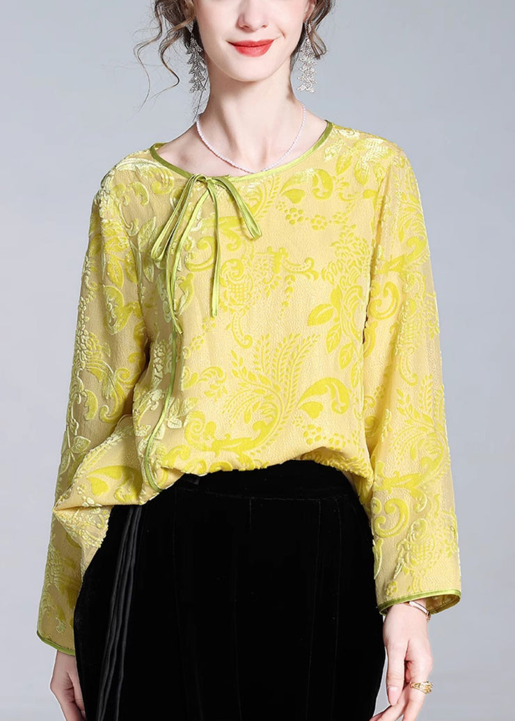 Elegant Yellow O-Neck Lace Up Silk Velour Tops Fall