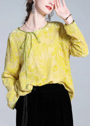 Elegant Yellow O-Neck Lace Up Silk Velour Tops Fall