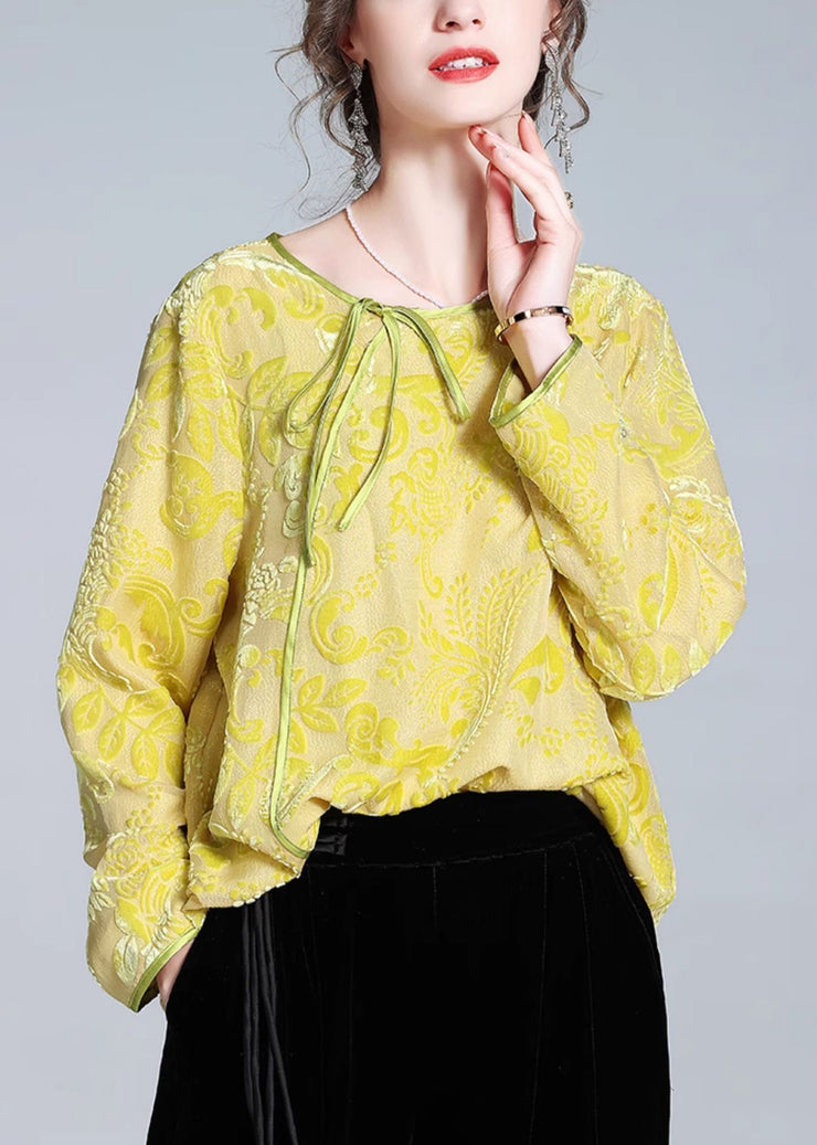 Elegant Yellow O-Neck Lace Up Silk Velour Tops Fall