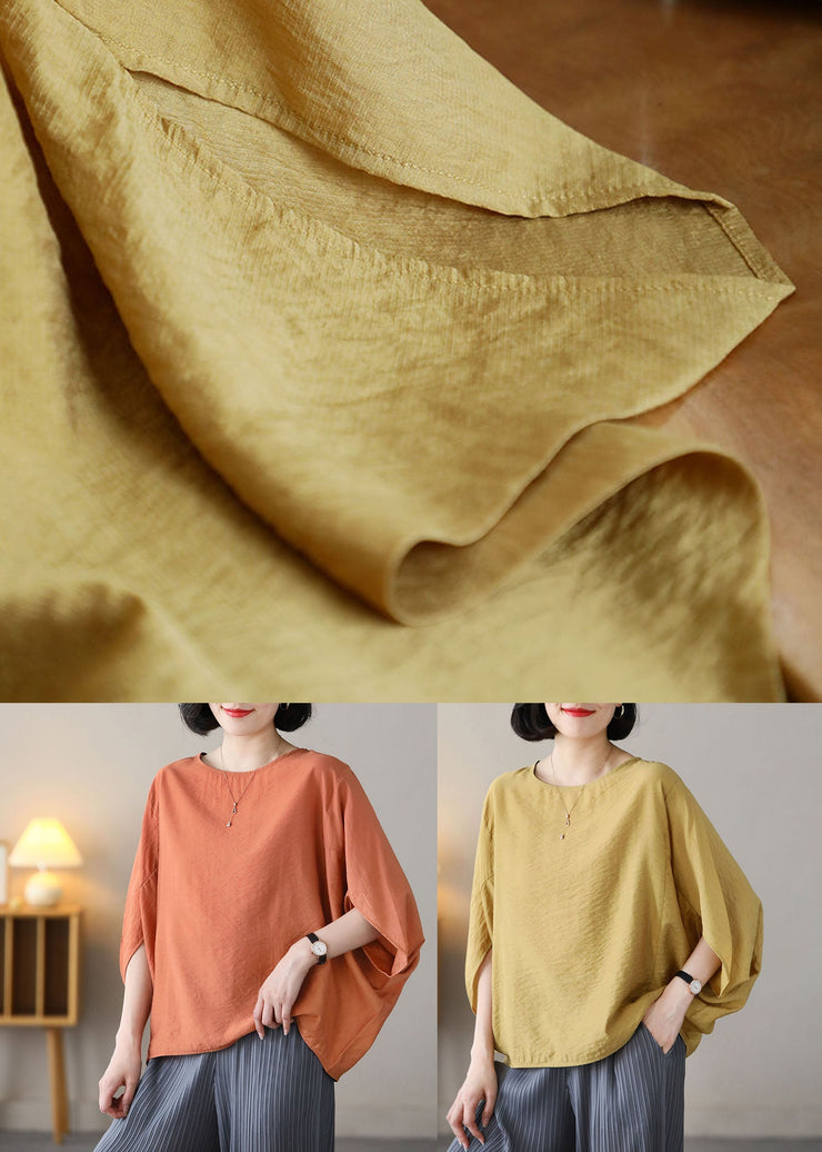 Elegant Yellow O-Neck Oversized Linen Shirt Top Batwing Sleeve