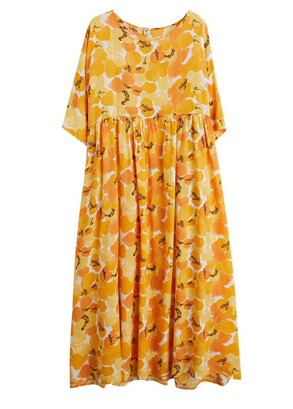 Elegant Yellow O-Neck Patchwork Cozy Long Dresses Short Sleeve