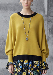 Elegant Yellow Oversized Patchwork Knit Sweaters Fall