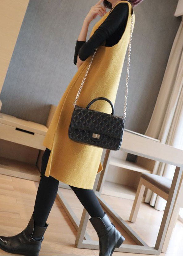 Elegant Yellow Oversized Side Open Knit Long Vests Sleeveless