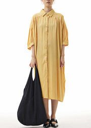 Elegant Yellow Peter Pan Collar Button Holiday Long Shirts Dress Summer